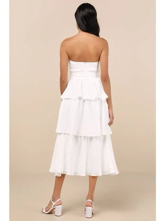 Lulus Truly Marvelous Midi Dress Sz Medium White Jacquard Strapless Tiered Belt - Picture 7 of 7